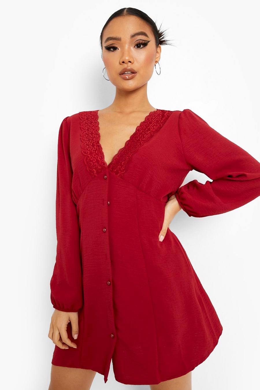 Berry Petite Lace Trim Long Sleeve Shift Dress image number 1