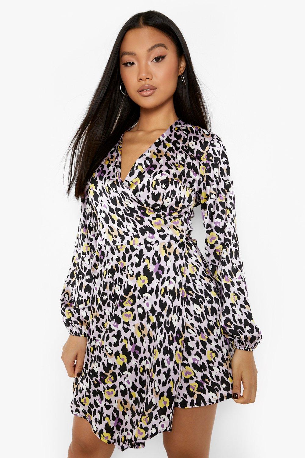 Leopard satin wrap clearance dress