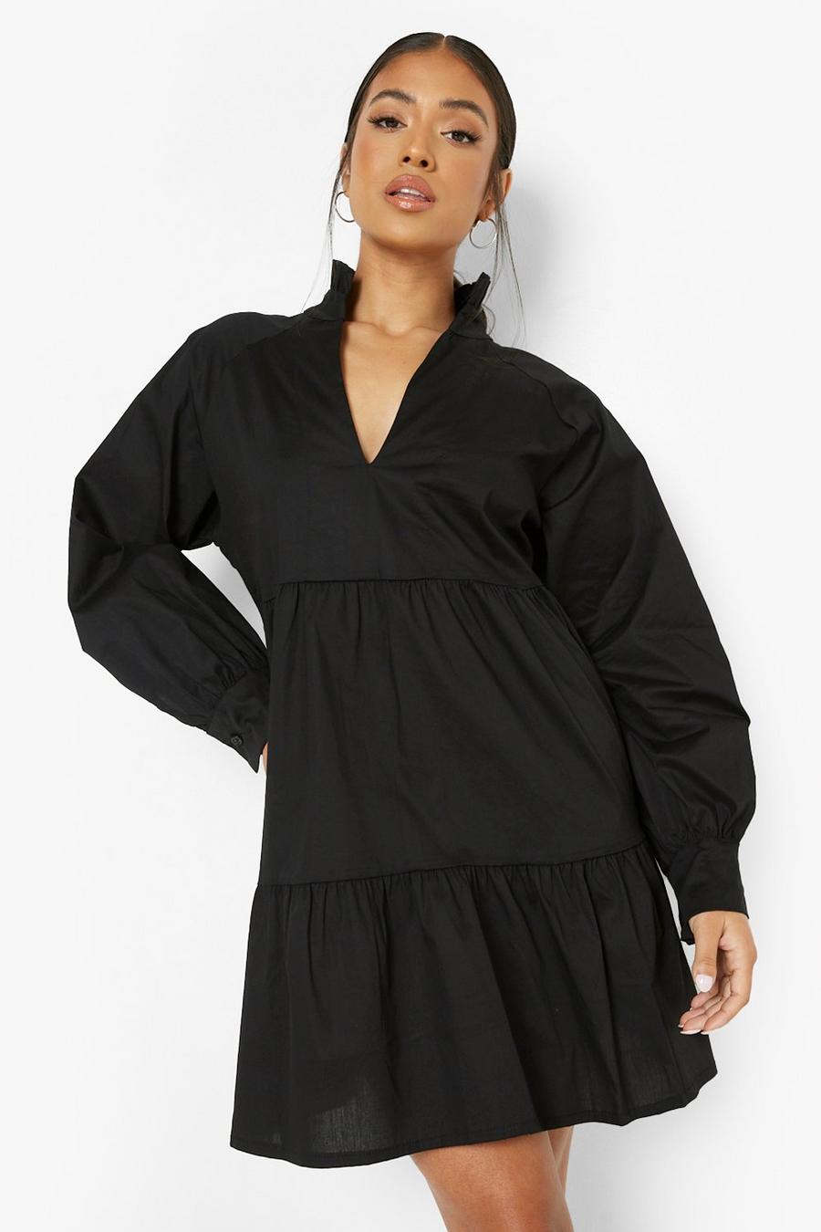 Black Petite High Neck Ruffle Tiered Smock Dress image number 1
