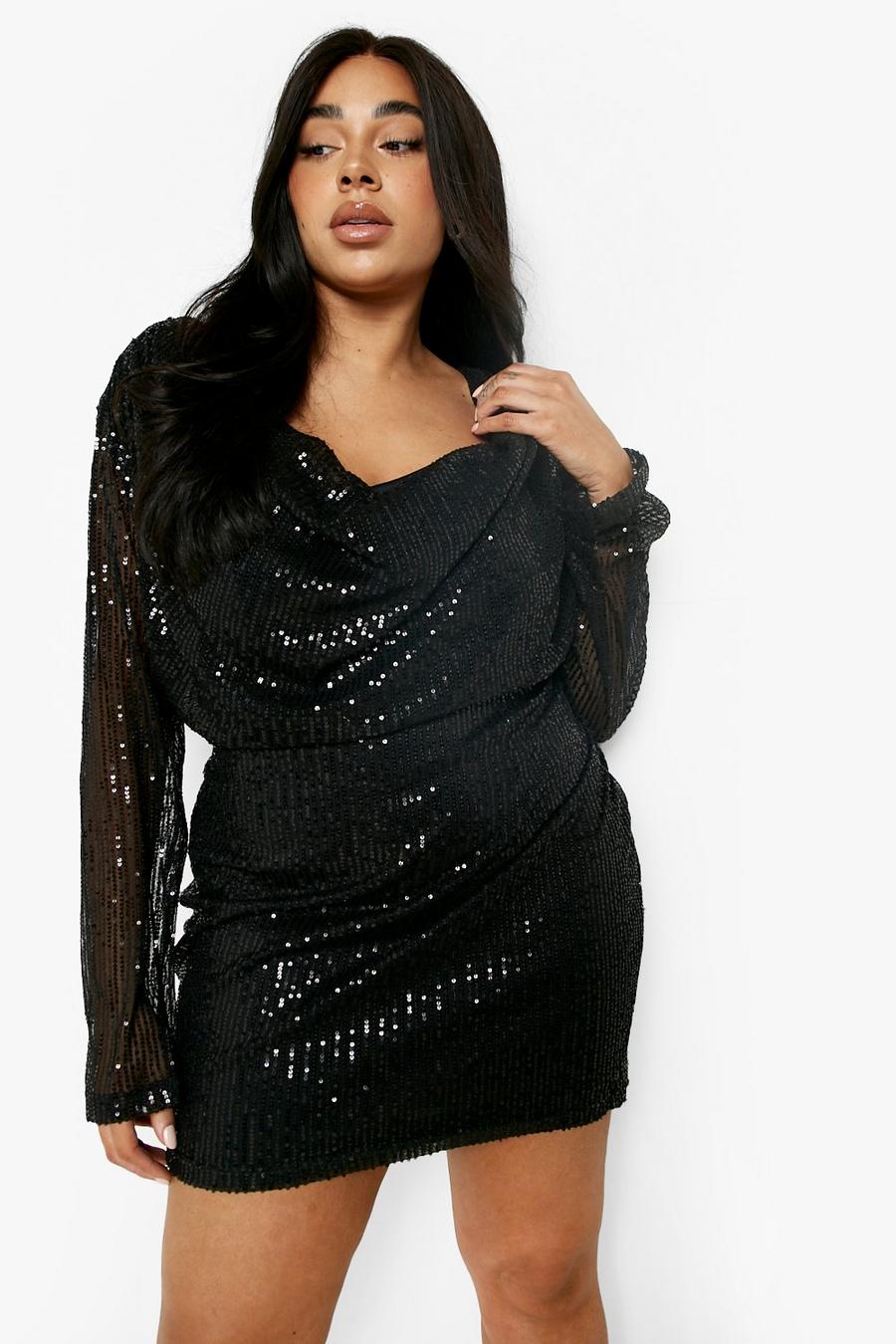 Black Plus Sequin Cowl Neck Mini Dress image number 1