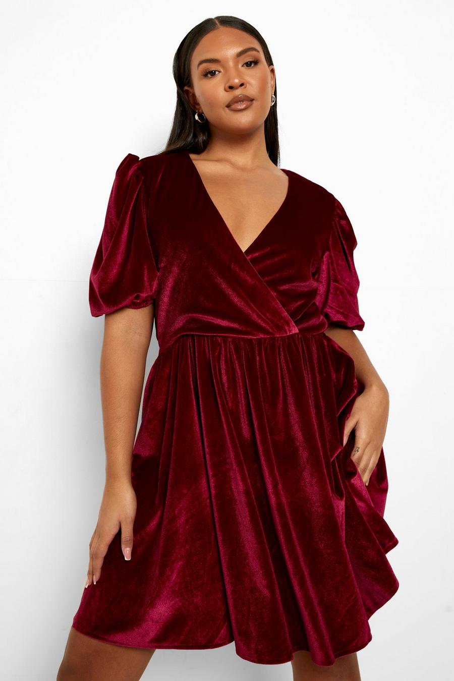 Wine red Plus Wrap Puff Sleeve Velvet Skater Dress