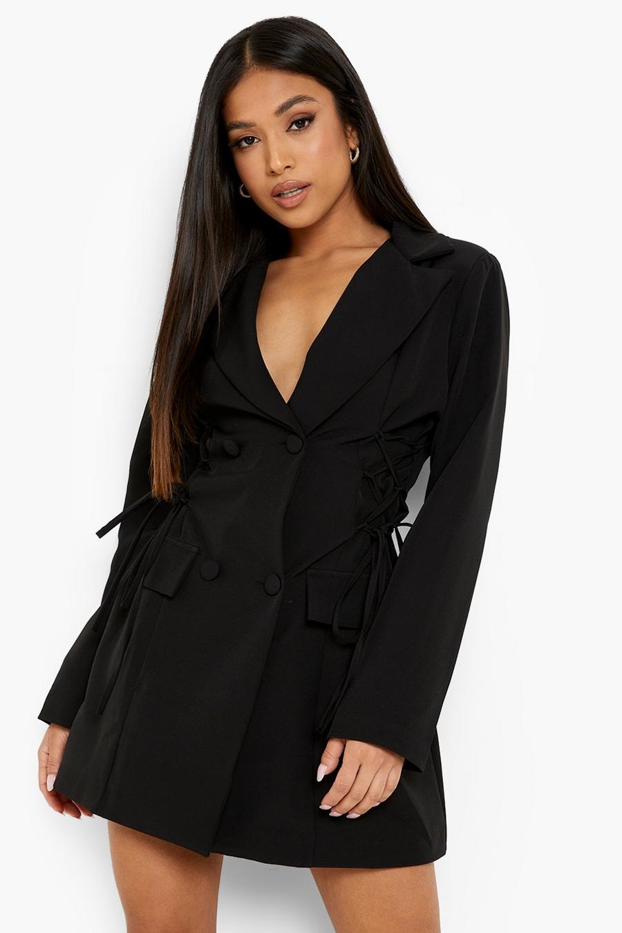 Black Petite Lace Up Detail Blazer Dress