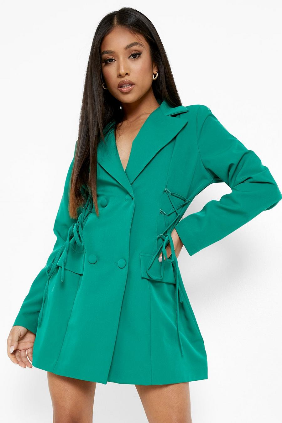 Green Petite Lace Up Detail Blazer Dress