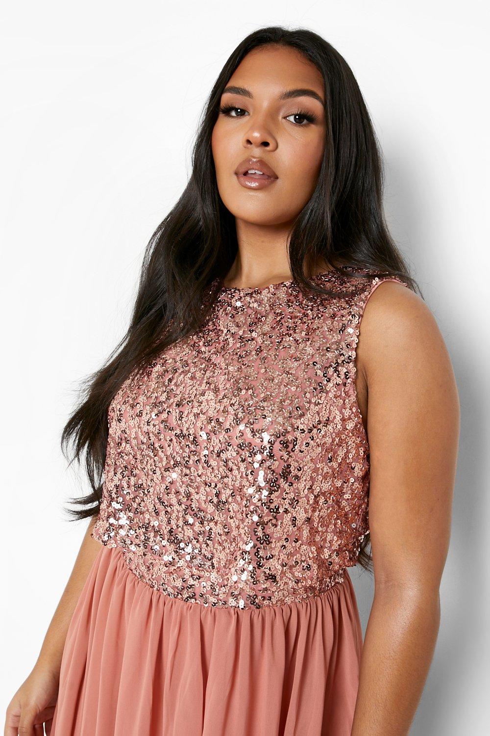 Plus Double Layer Sequin Midi Skater Dress boohoo UK