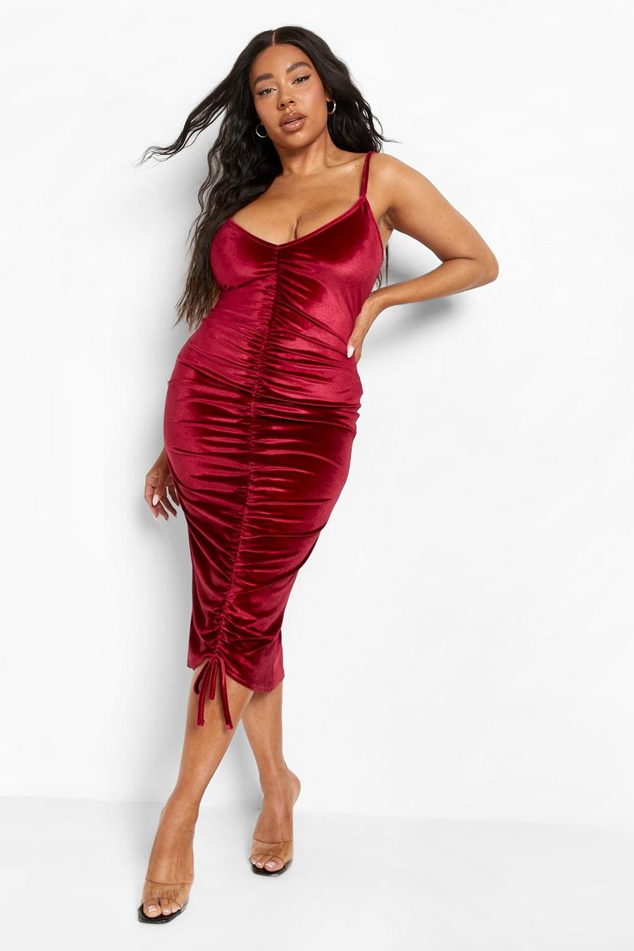 Berry Plus Velvet Strappy Ruched Midi Dress image number 1
