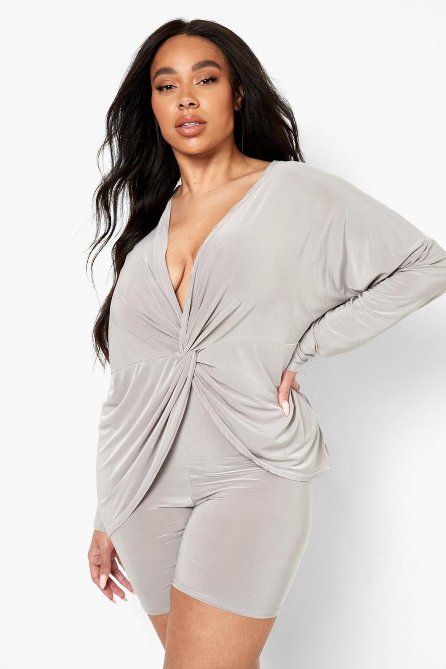 Grey Plus Slinky Twist Front Cycle Short Co-ord image number 1