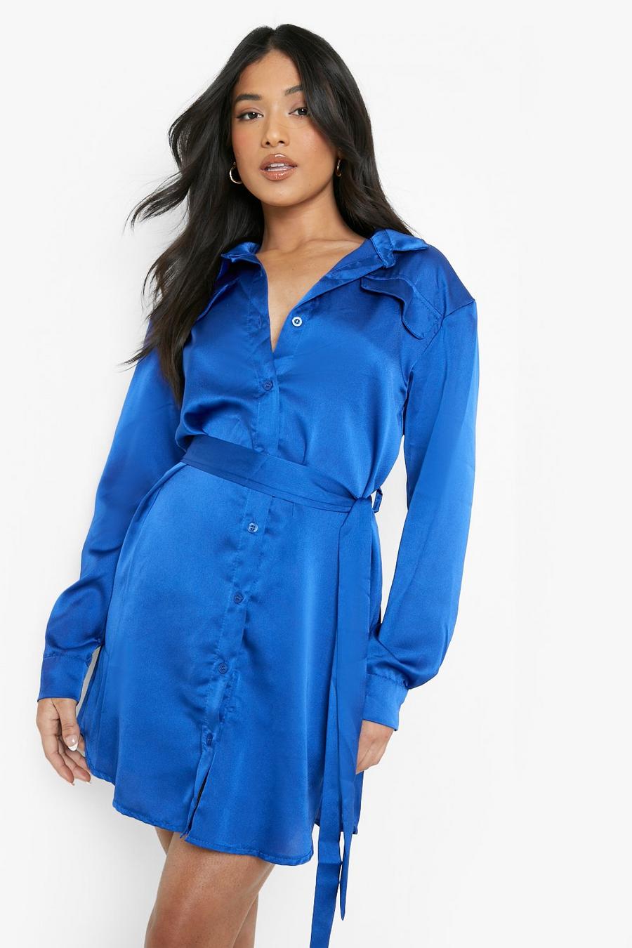Petite Satin Hemd-Kleid mit Taschen-Detail und Gürtel, Cobalt image number 1