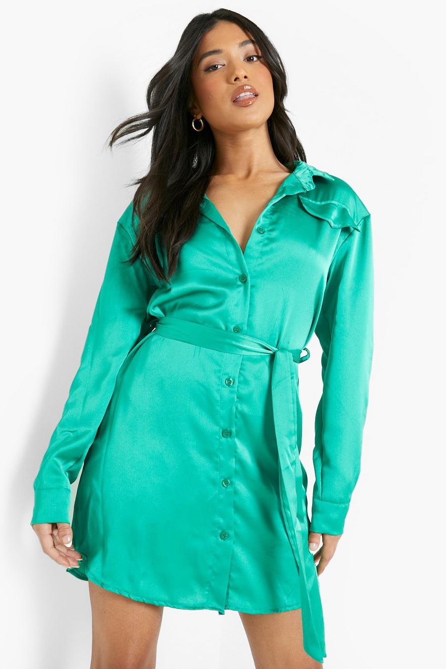 Green Petite Satin Pocket Detail Belted Shirt Dress image number 1