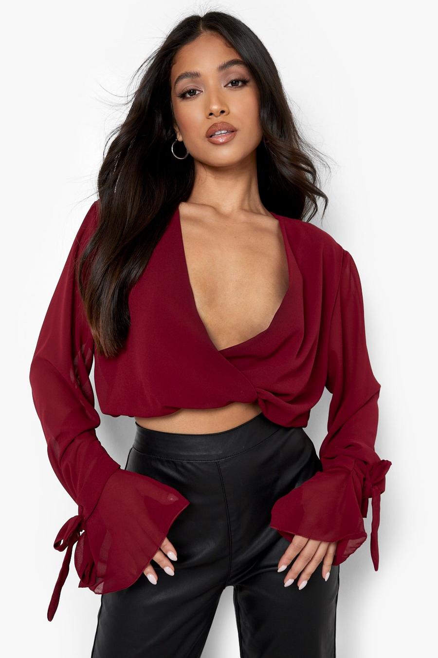 Berry Petite Wrap Front Flare Cuff Woven Top image number 1