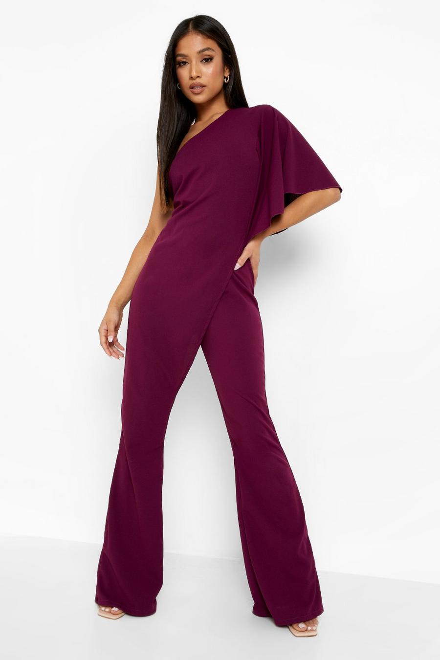 Berry red Petite One Shoulder Wrap Jumpsuit