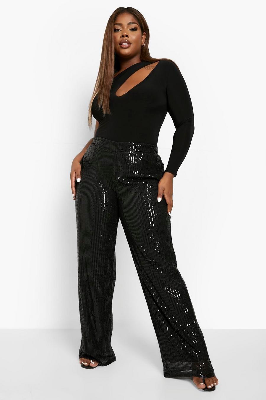 Black Plus Sequin Slim Wide Leg Trouser