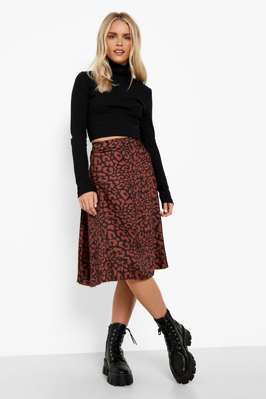 Black Petite Leopard Satin Midi Skirt image number 1