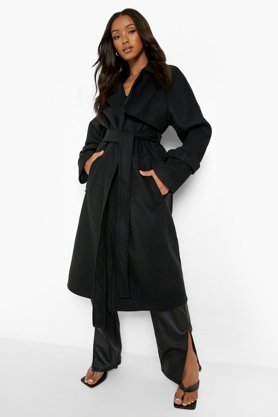 Black Petite Oversized Belted Wool Look Maxi Coat image number 1