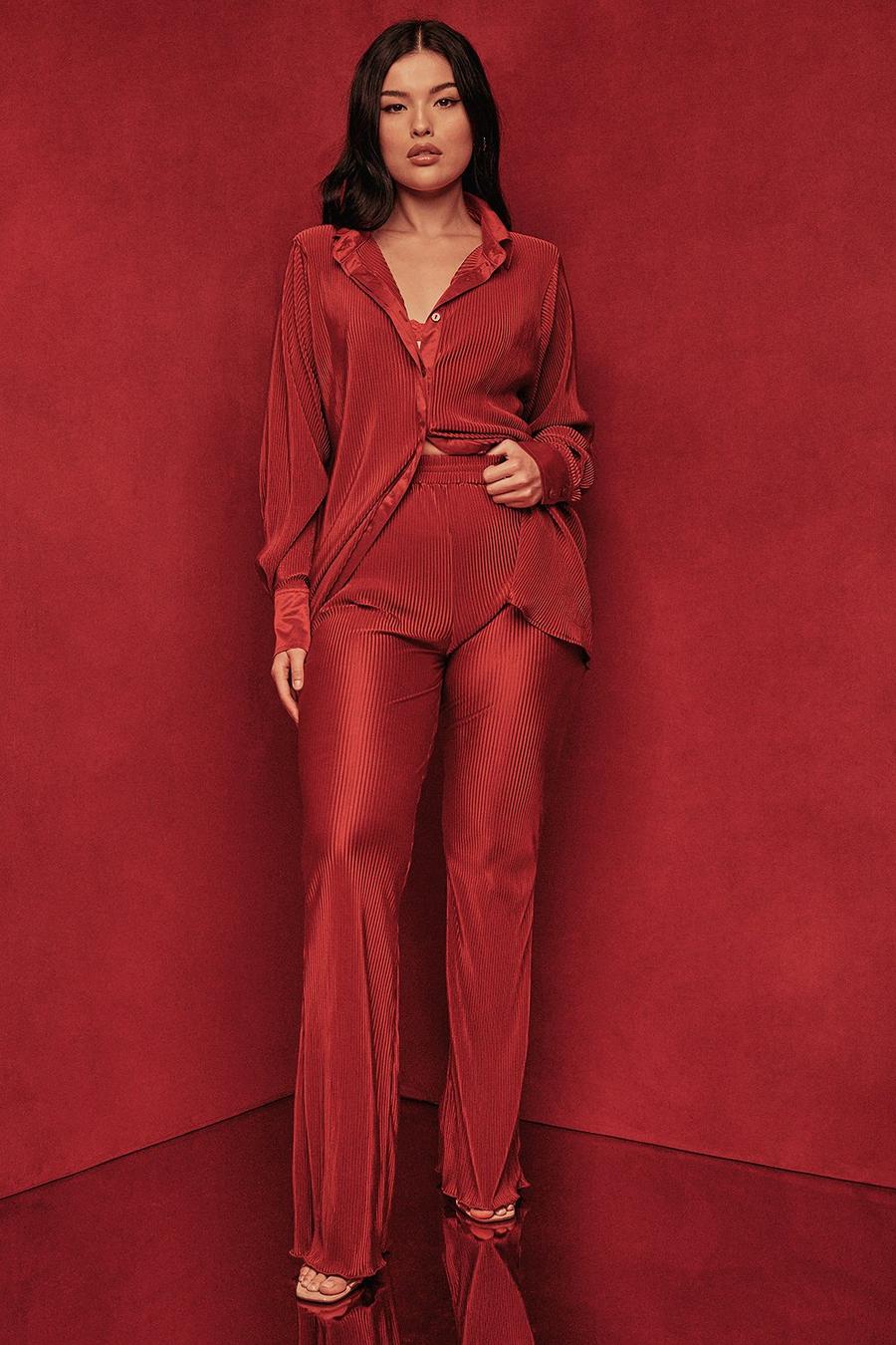 Red Plus Satin Plisse Flared Trouser image number 1