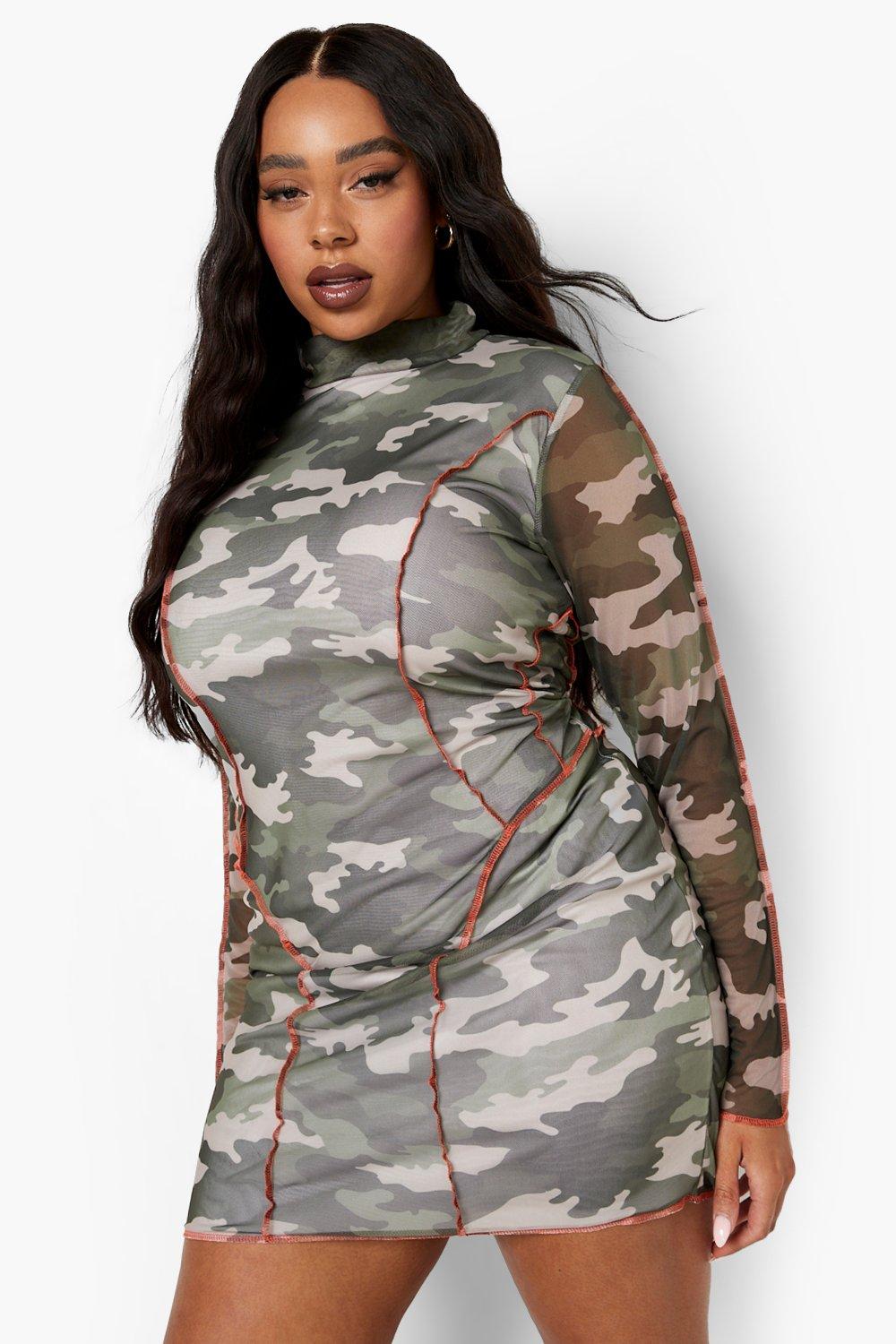 Plus Halloween Stitch Detail Mesh Camo Dress