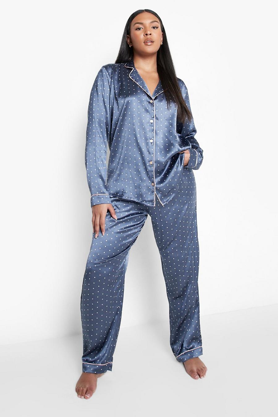 Slate Plus Contrast Piping Spots Pajama Pants Set image number 1
