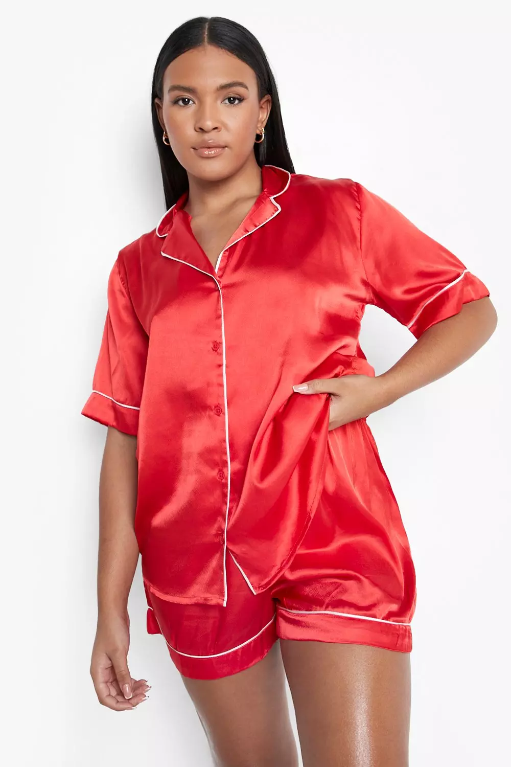 Red Plus Contrast Piping Pyjama Shorts Set alternative image