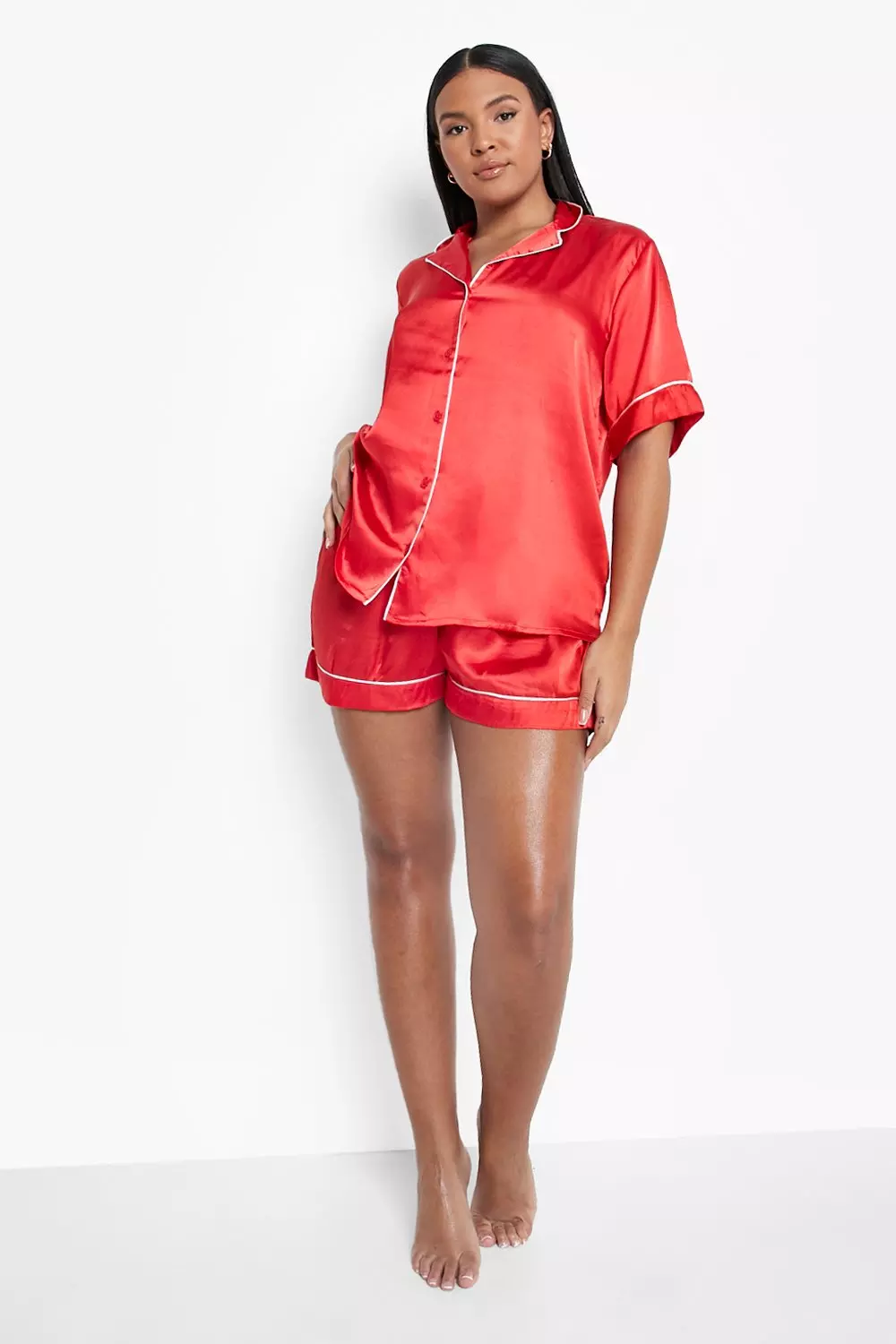 Red Plus Contrast Piping Pyjama Shorts Set alternative image