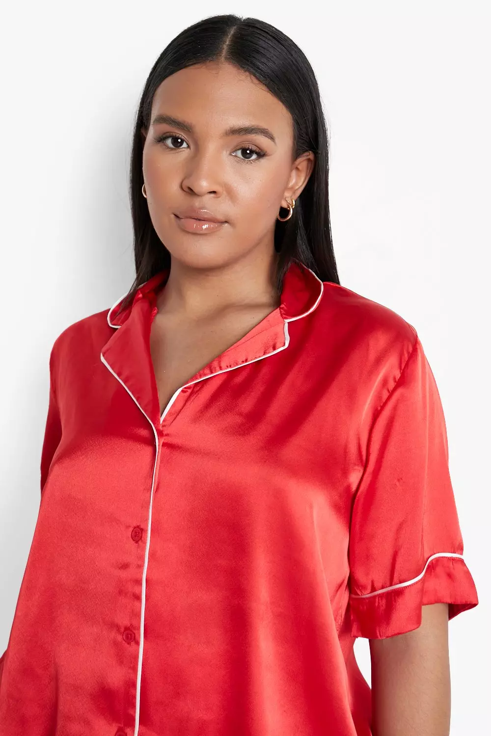 Red Plus Contrast Piping Pyjama Shorts Set alternative image