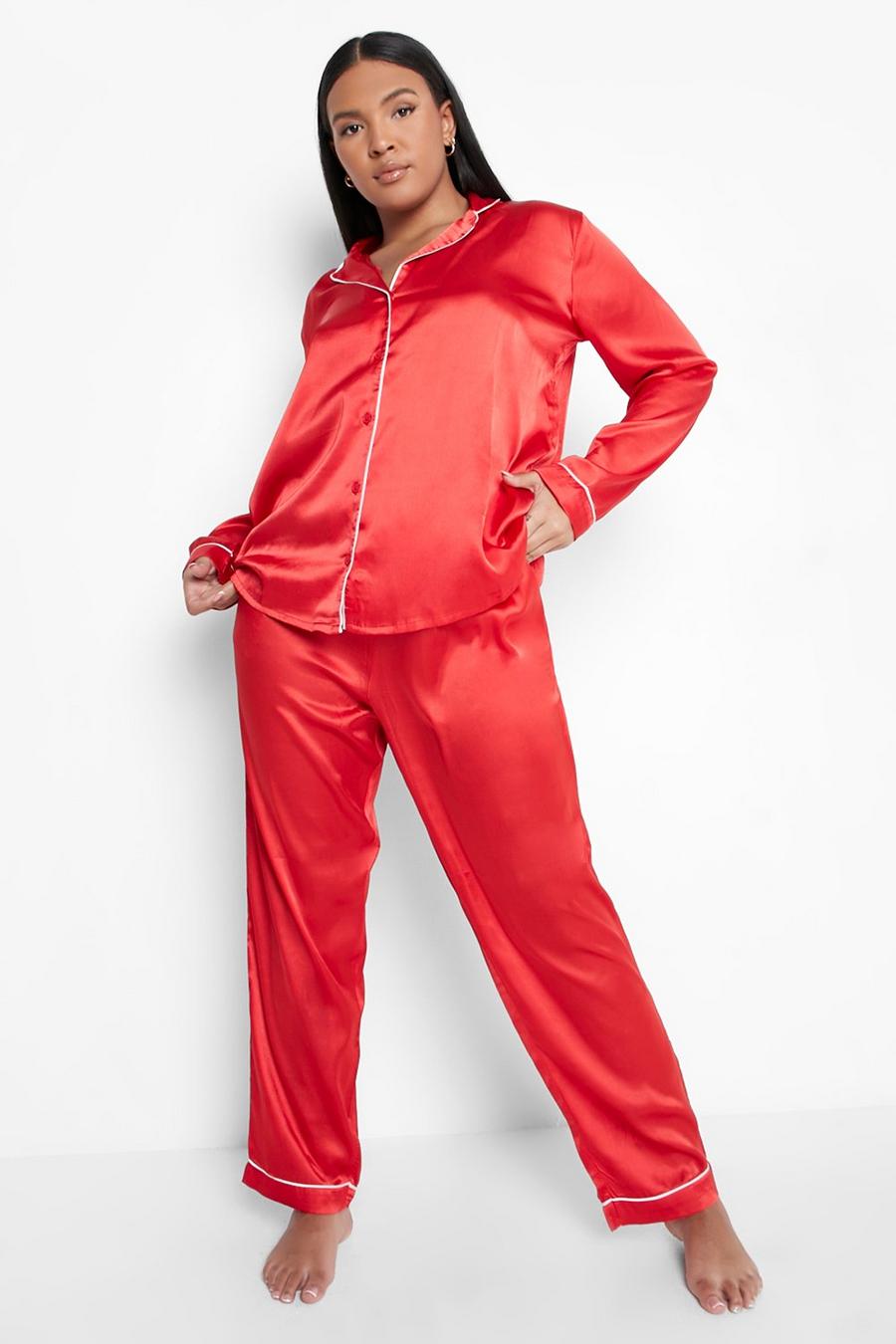 Red Plus Contrast Piping Pajama Pants Set image number 1