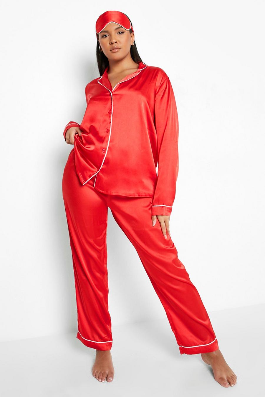 Red Plus Contrast Piping Pyjama Set With Eyemask image number 1