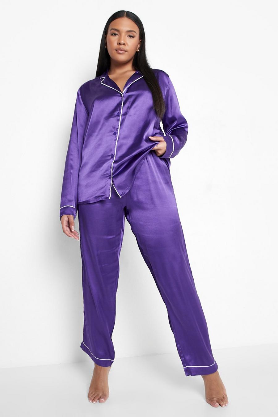 Purple Plus Contrast Piping Pajama Pants Set image number 1