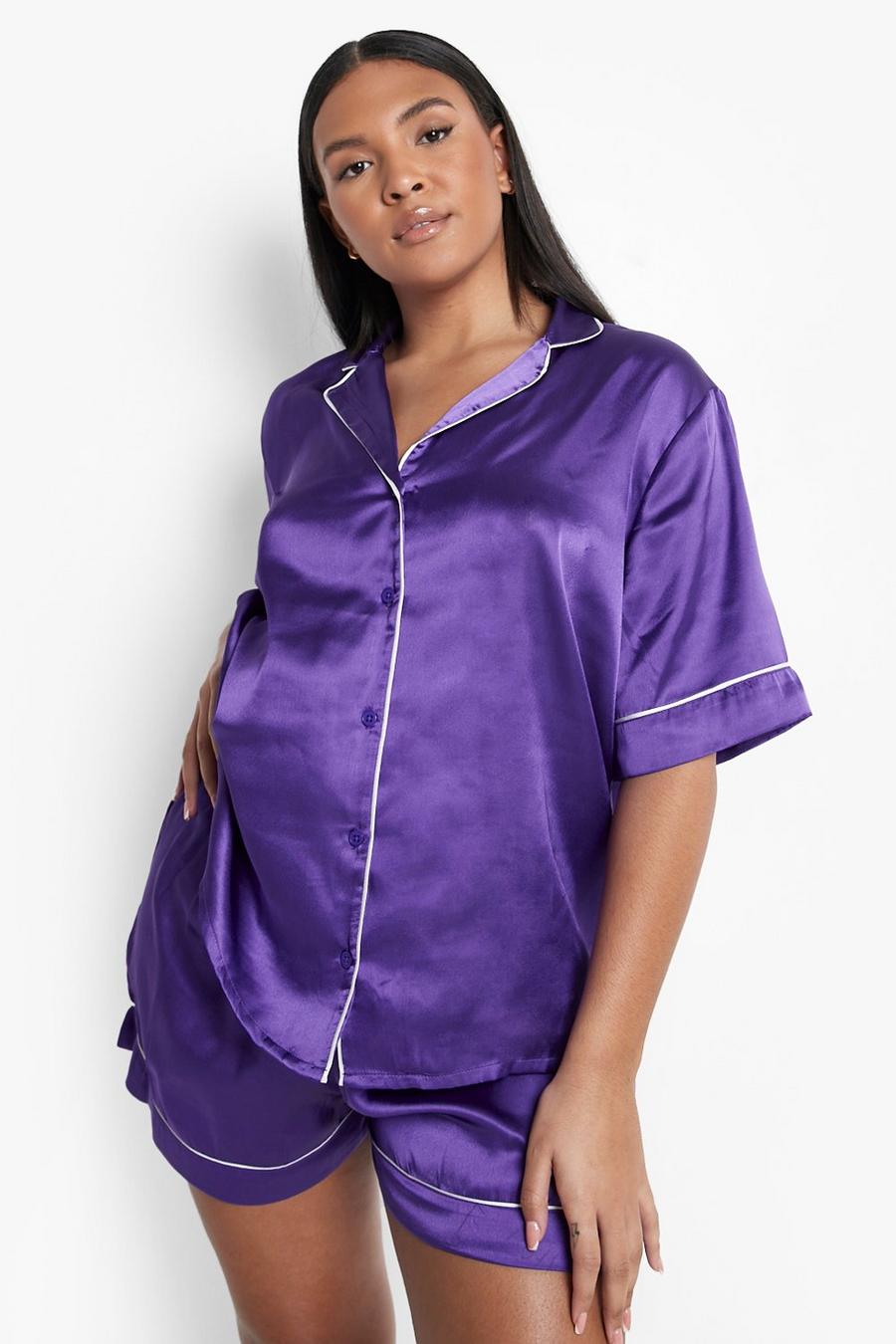 Plus Pyjama-Set mit Shorts und Kontrast-Detail, Purple image number 1