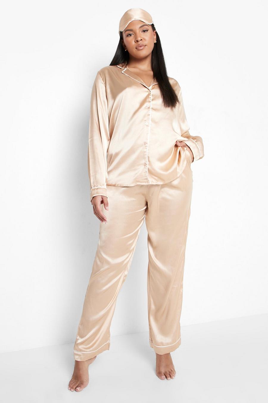 Champagne Plus Contrast Piping Pajama Set With Eyemask image number 1