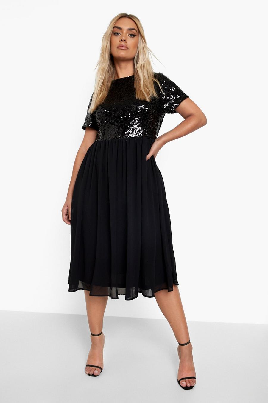 Black שמלת סקייטר משיפון עם פייטים, מידות גדולות image number 1
