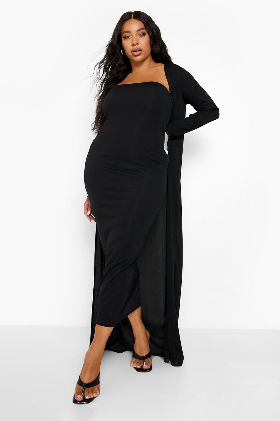 Black Plus Rib Bandeau Midaxi Dress And Duster image number 1