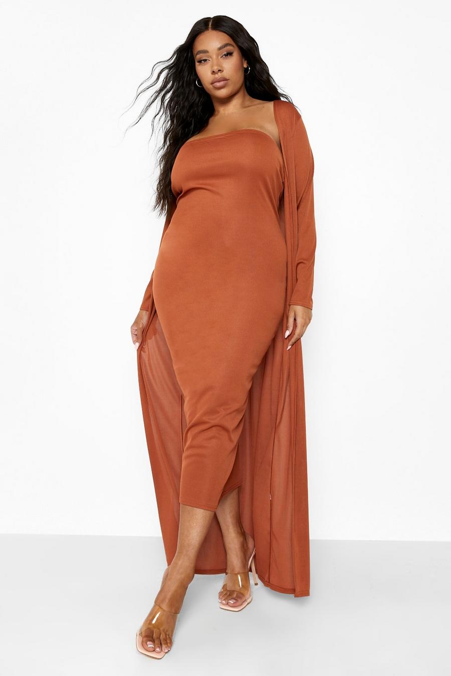 Grande taille - Ensemble avec cardigan long et robe bustier midaxi, Rust orange image number 1