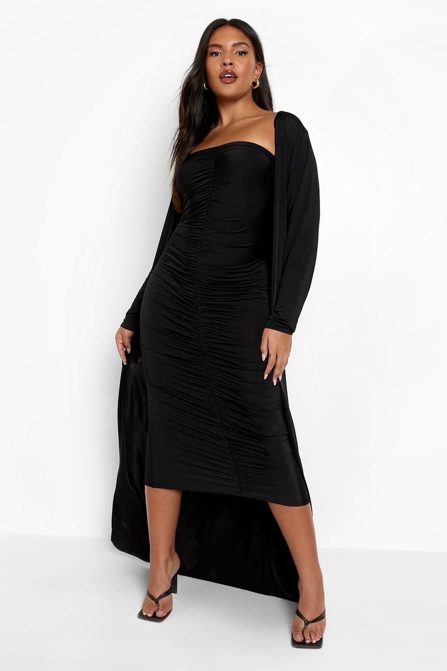 Black Plus Ruched Bandeau Dress And Maxi Duster image number 1