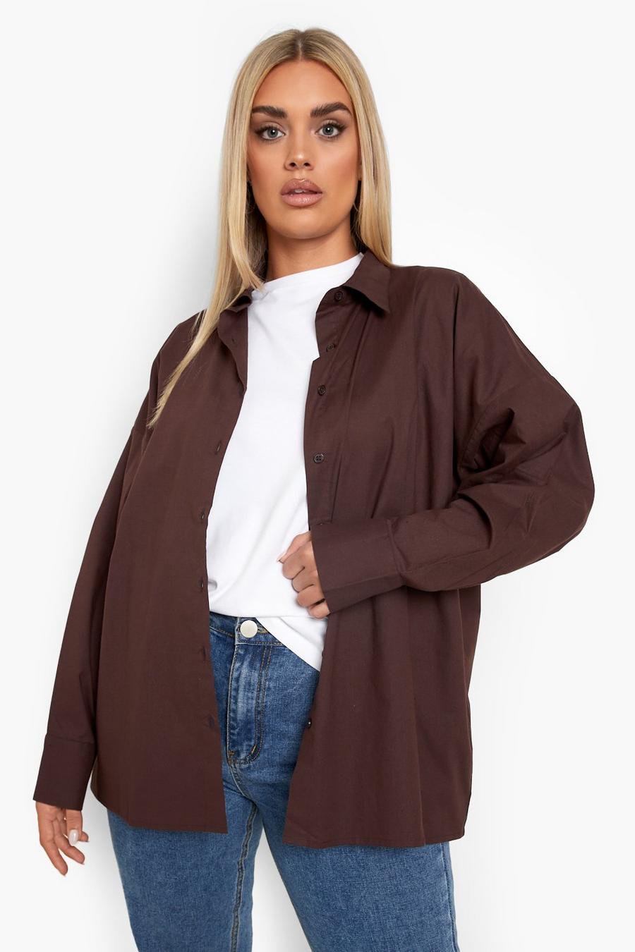 Camicia Plus Size oversize in cotone popeline, Chocolate image number 1