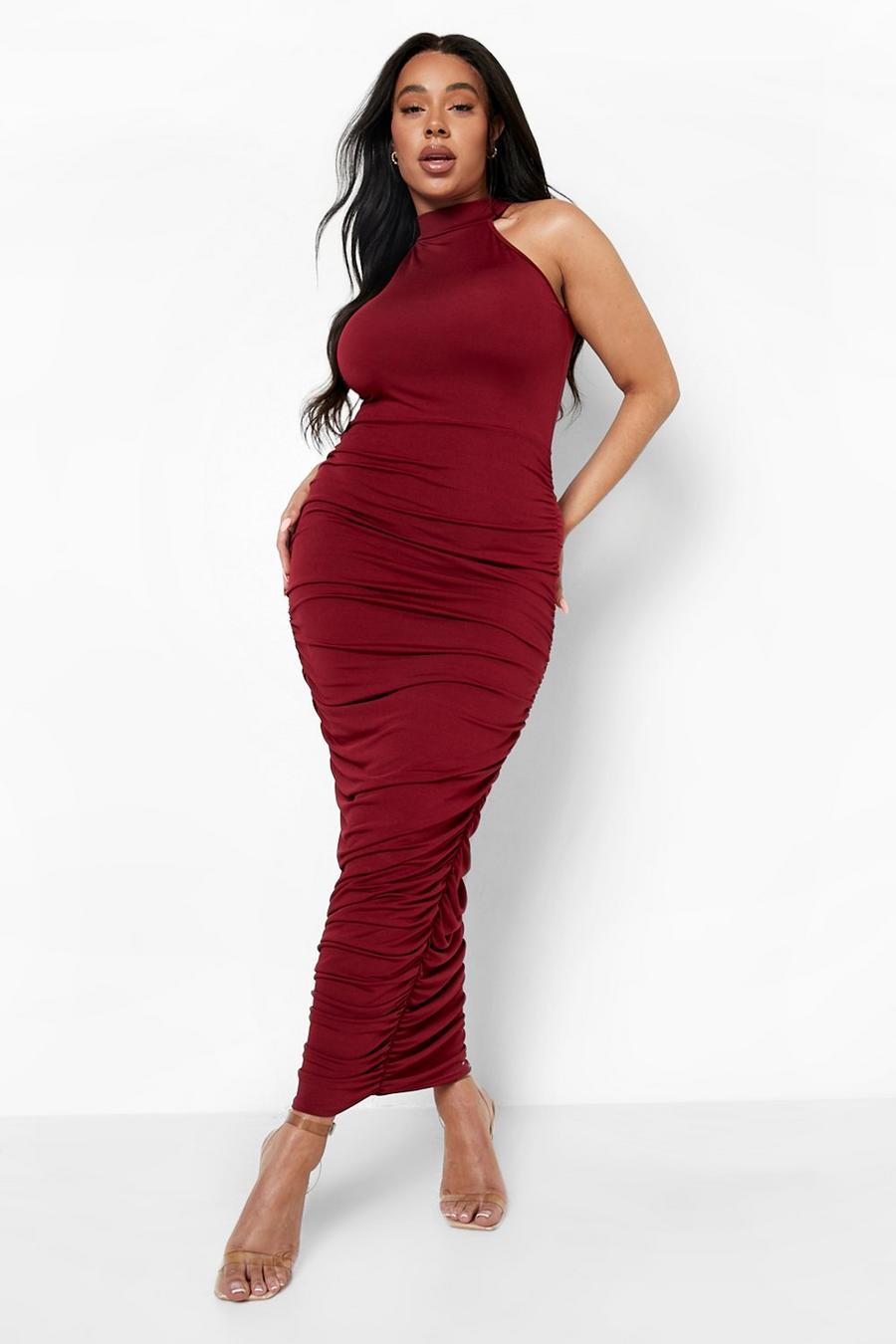 Berry Plus Slinky High Neck Ruched Midaxi Dress image number 1