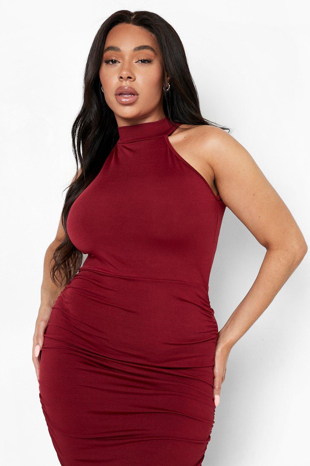 Grande taille Robe mi longue moulante froncee a col montant boohoo FR