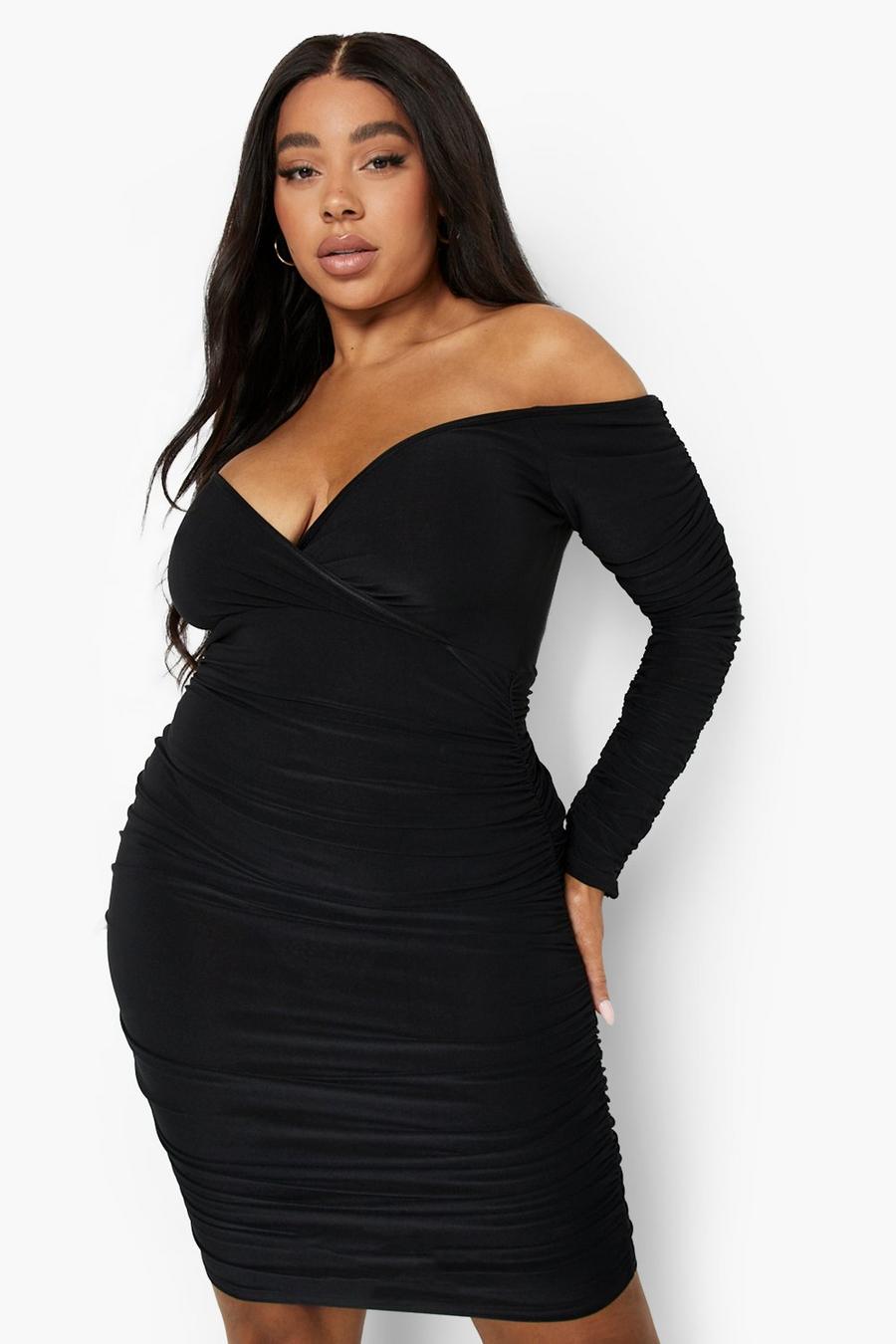 Black Plus Slinky Twist Front Ruched Bodycon Dress image number 1
