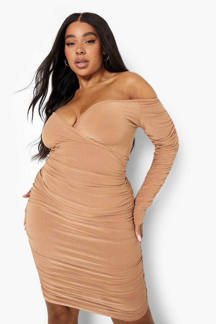 Tan Plus Slinky Twist Front Ruched Bodycon Dress image number 1