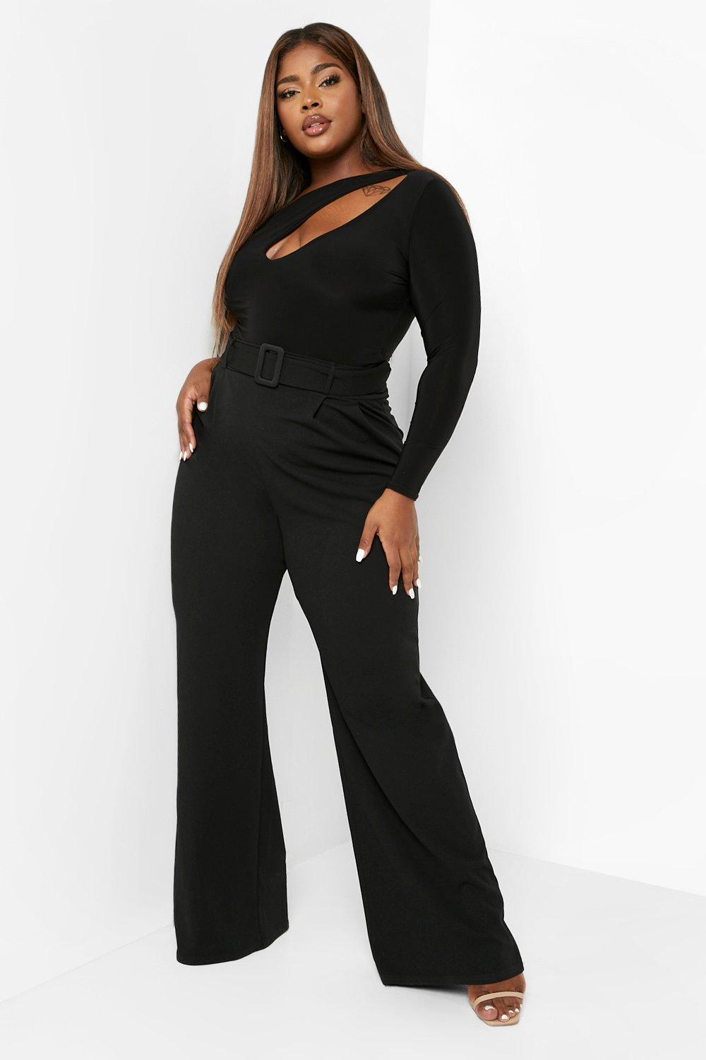 Plus Self Belt Tailored Wide Leg Pants