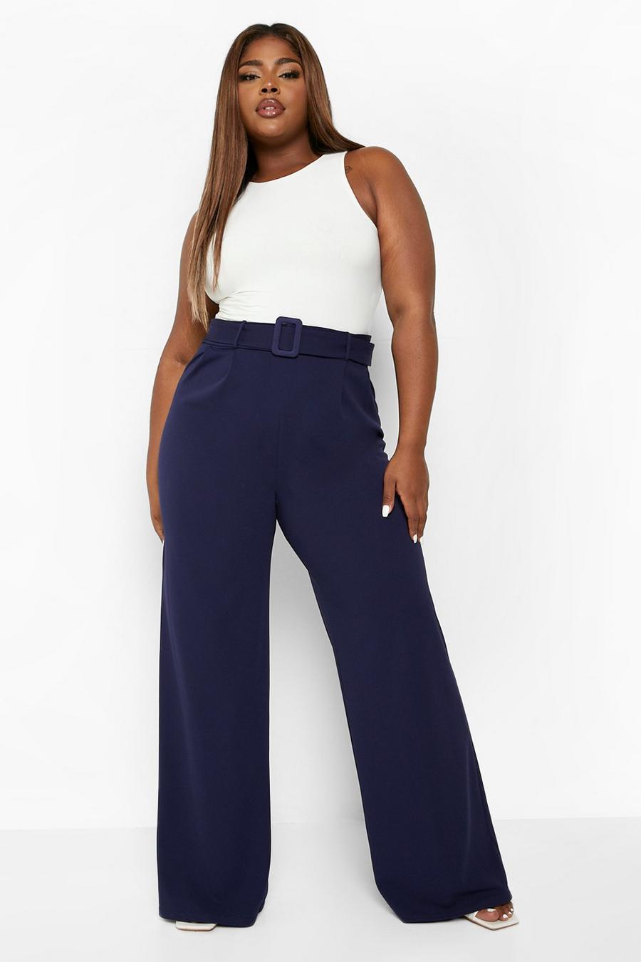 Navy Plus Self Belt Tailored Wide Leg Trousers image number 1