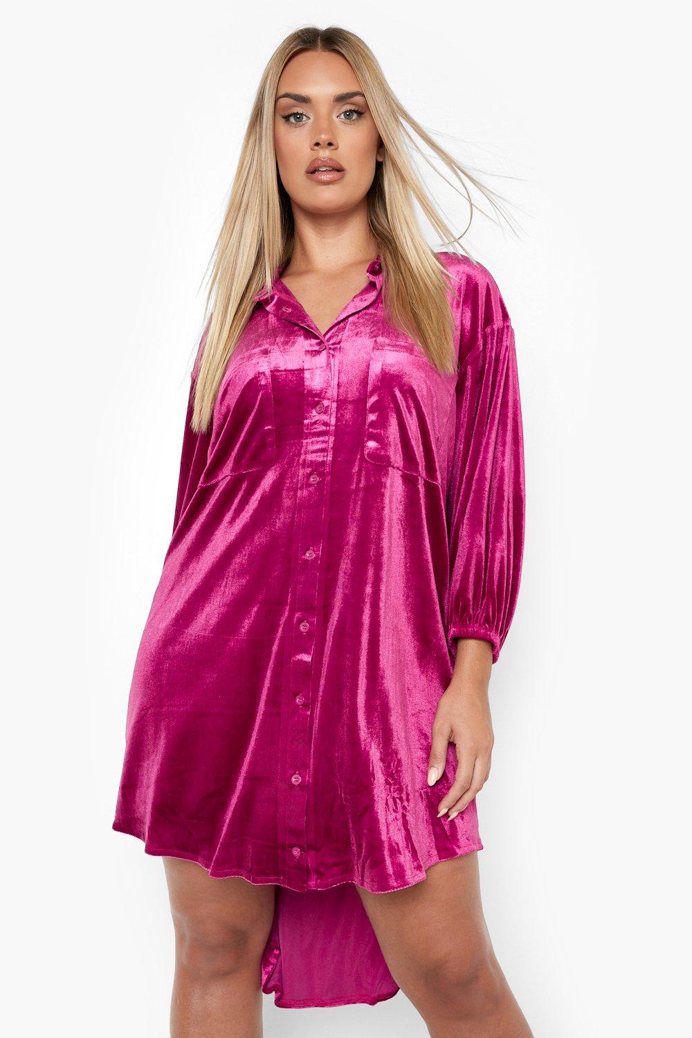 Pink velvet shirt dress on sale