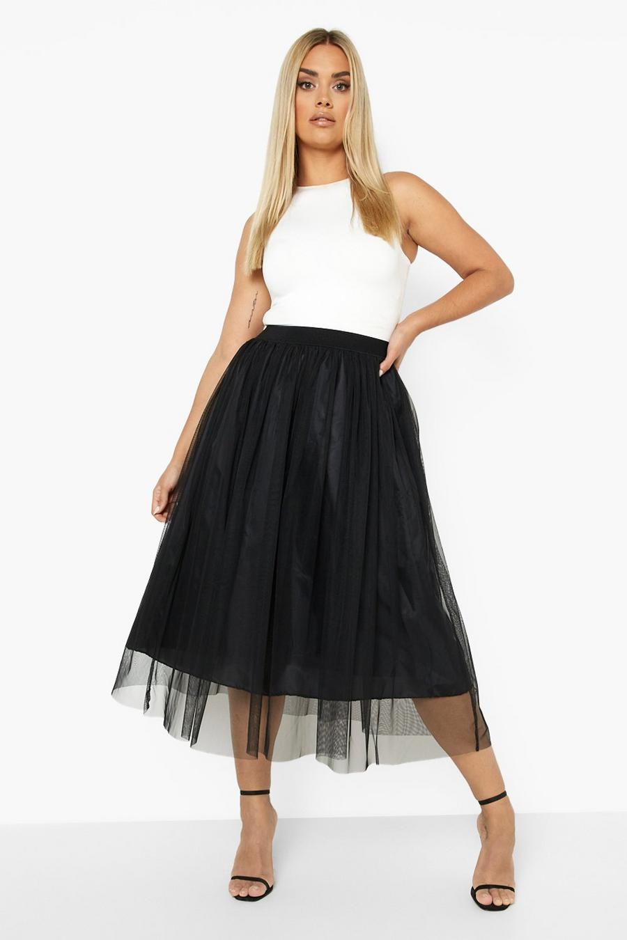 Black Plus Tulle Mesh Midi Skirt
