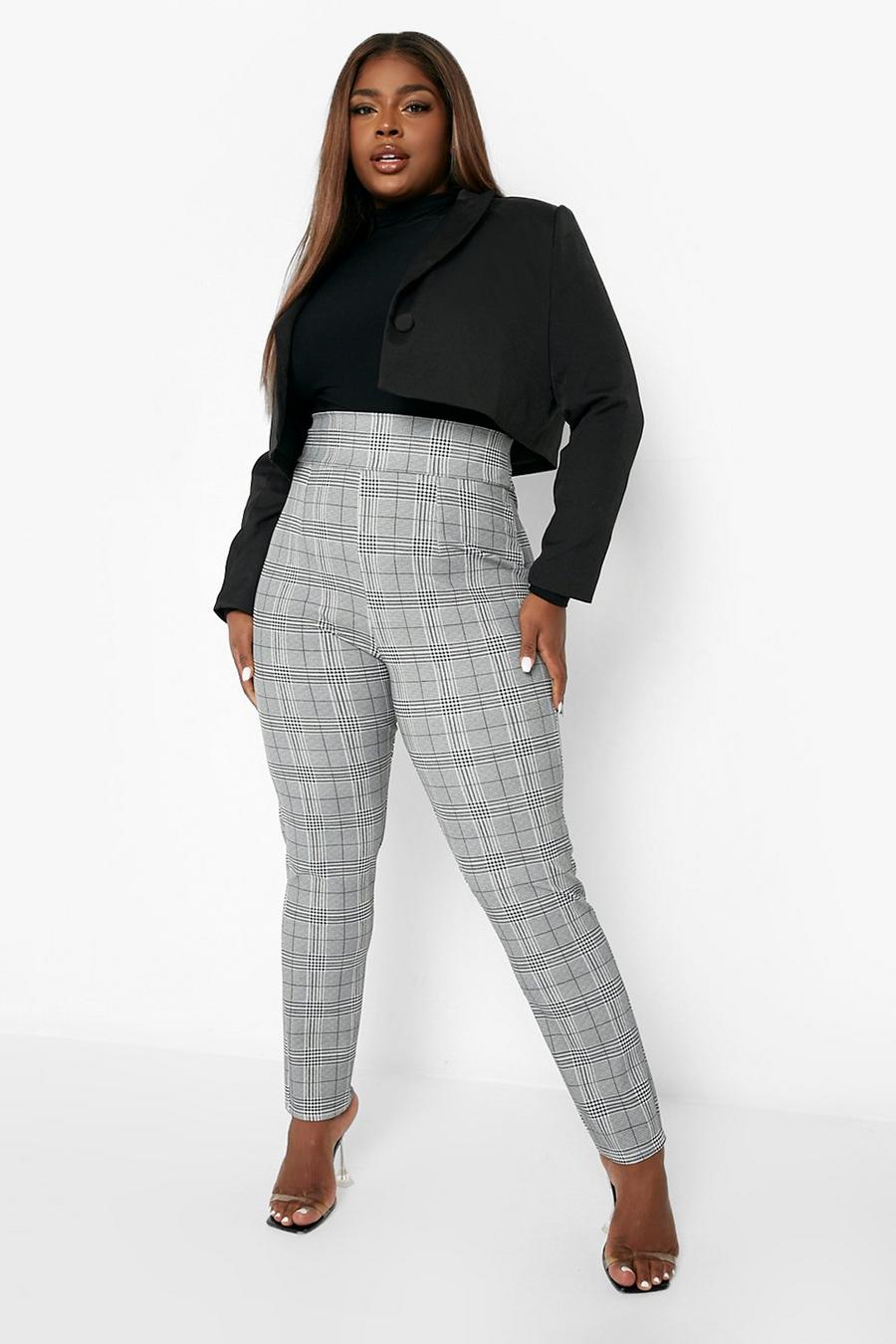 Black Plus High Waisted Slim Checked Pants image number 1