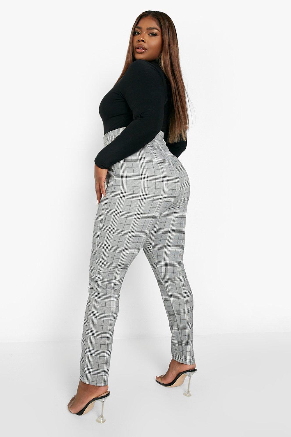 Women's Plus High Waisted Slim Checked Trousers