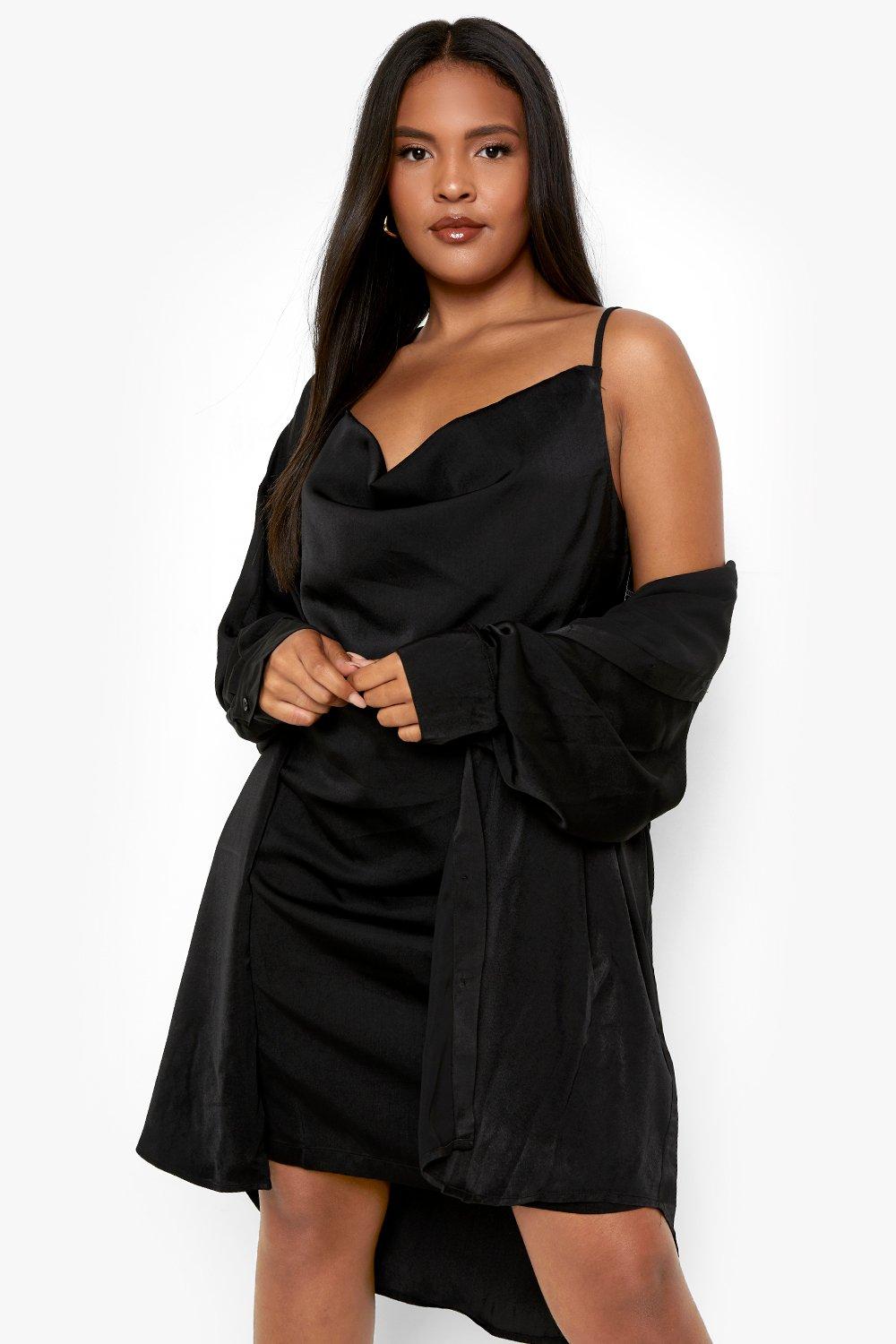 Black satin slip hot sale dress plus size