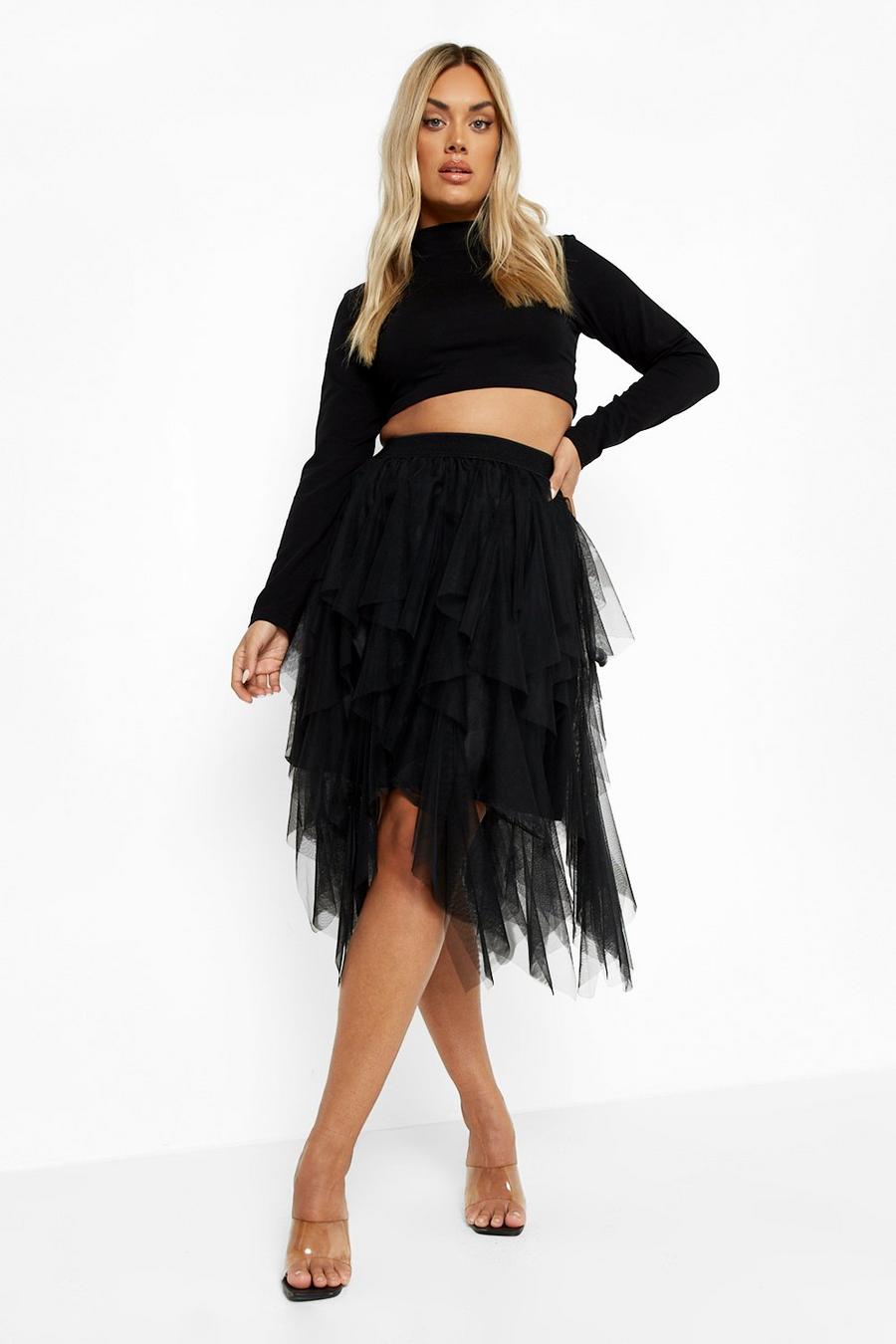 Black noir Plus Layered Tulle Midi Skirt