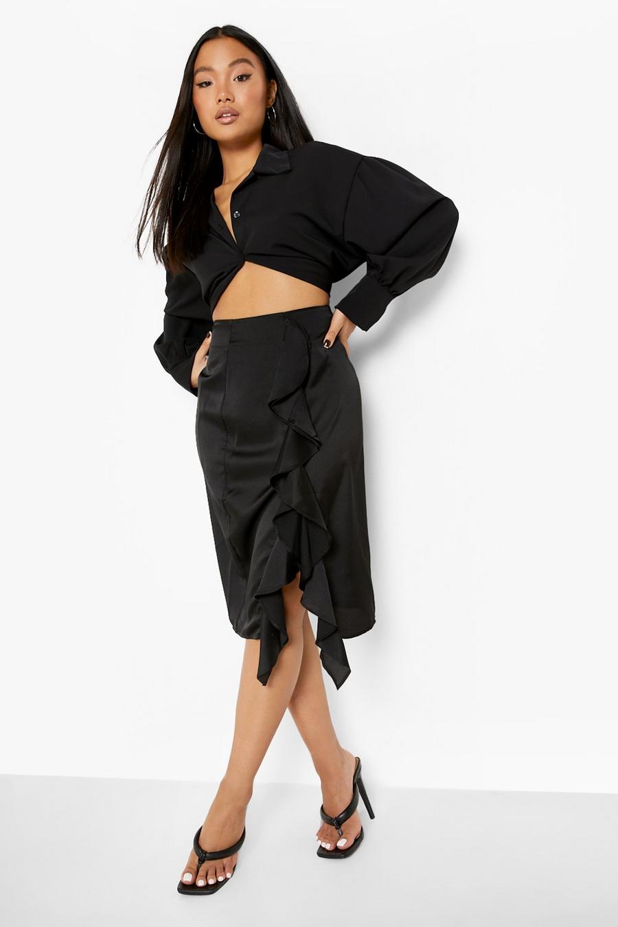 Black Petite Frill Detail Satin Midi Skirt