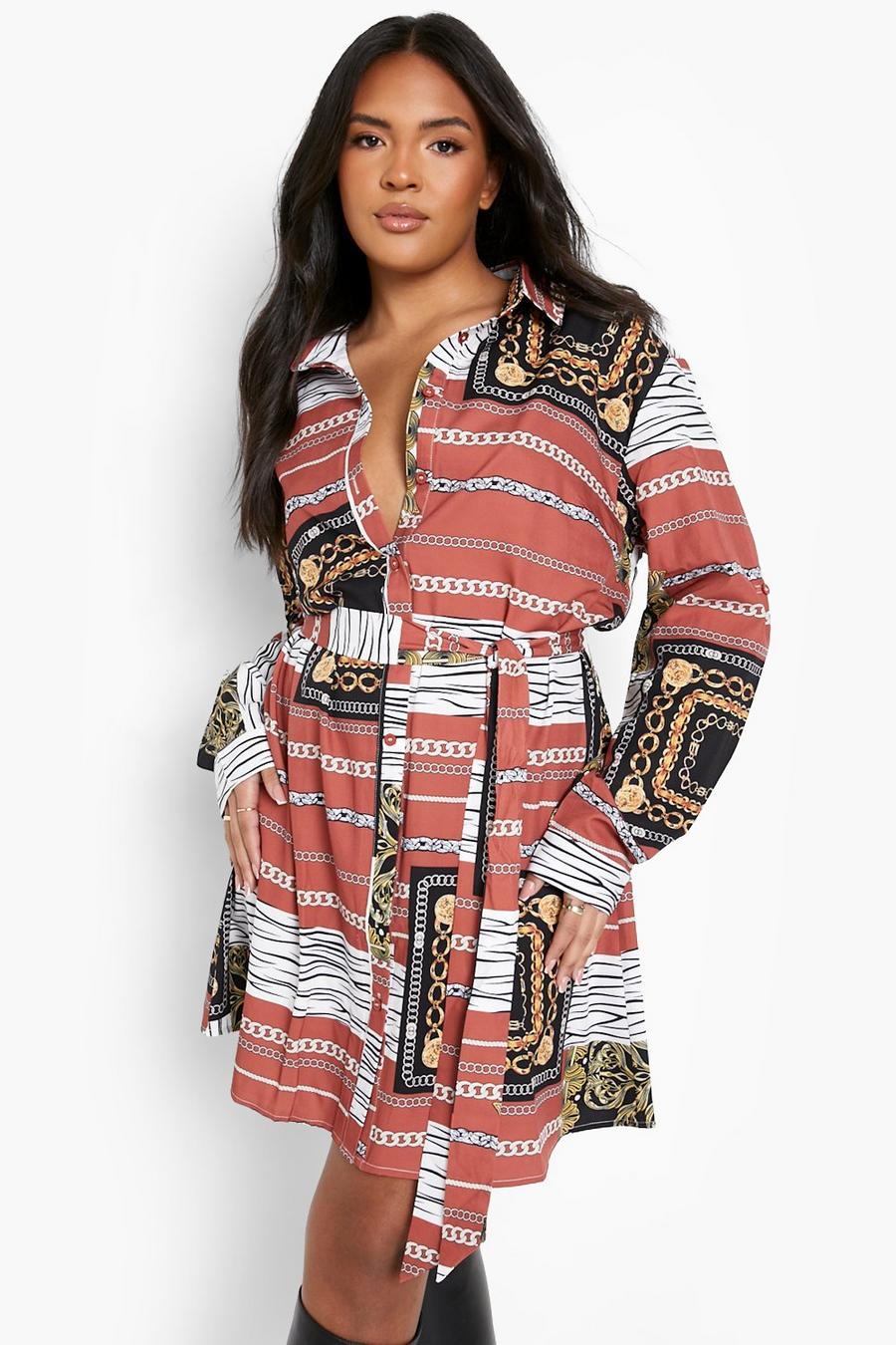 Chocolate Plus Satin Chain Print Belted Shirt Dress image number 1
