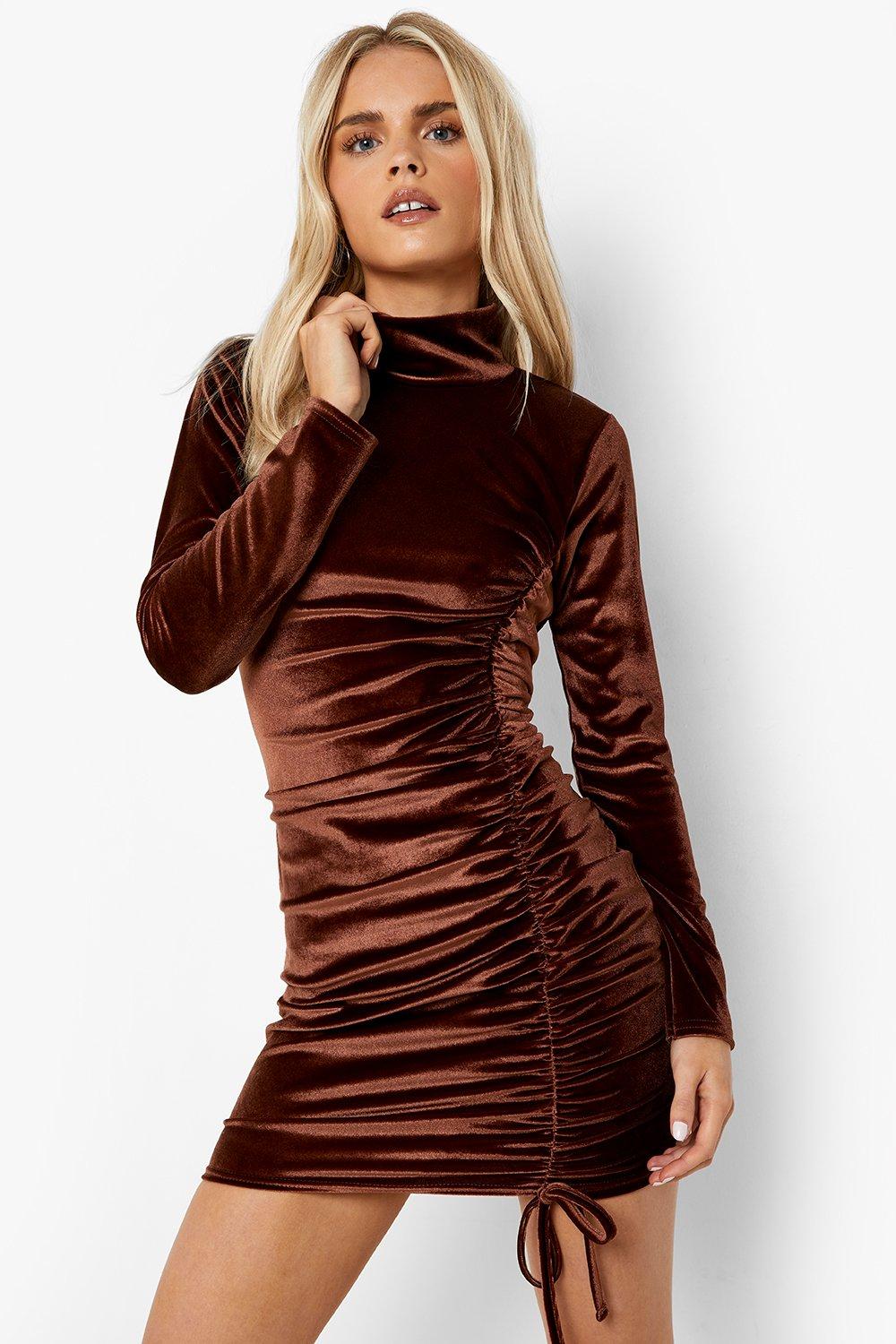 Petite Velvet High Neck Ruched Bodycon Dress | boohoo