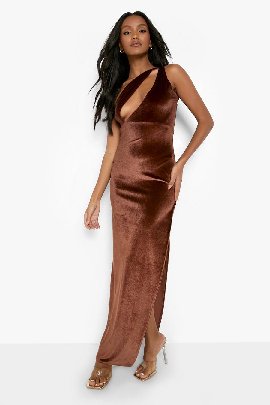 Chocolate brown Petite Velvet Cut Out Detail Maxi Dress