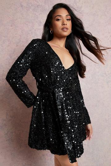 Black Petite Sequin Wrap Skater Dress